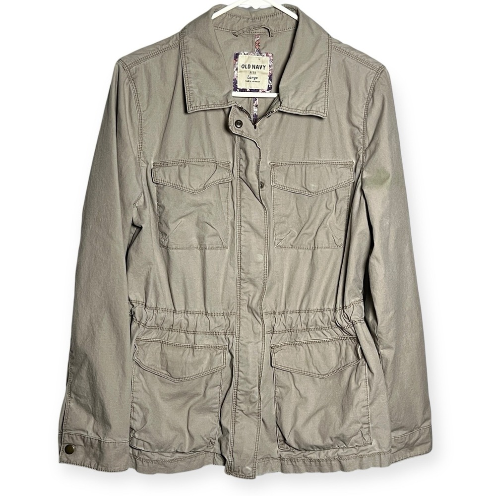 Women's‎ Utility Chore Jacket Sz L Zip Drawstring Waist Putty Gray Snap Gorpcore
